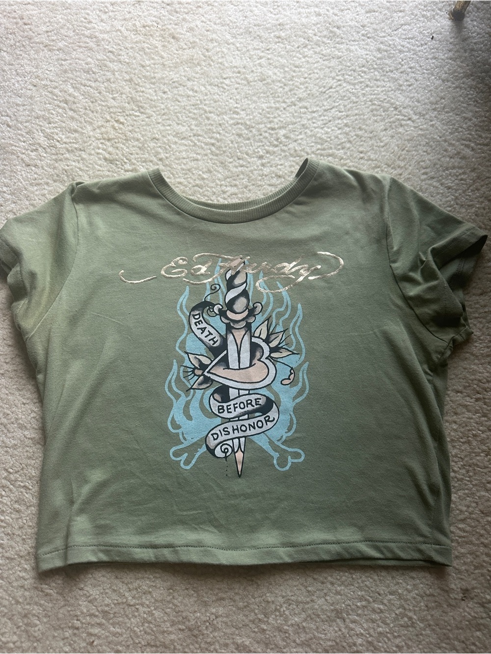 Ed Hardy Olive Green Crop Tee with Dagger & Banner Graphic